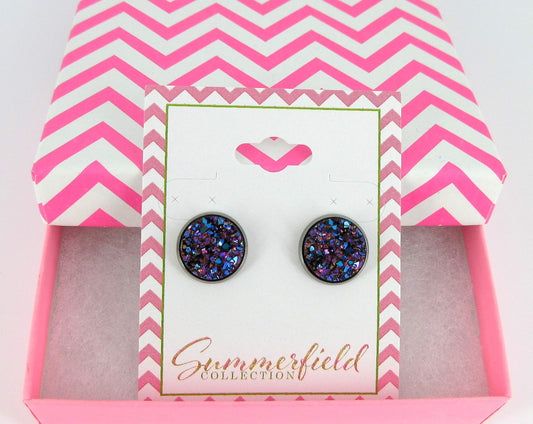 Hematite-tone Purple Pink and Teal Faux Druzy Stone Stud Earrings 12mm