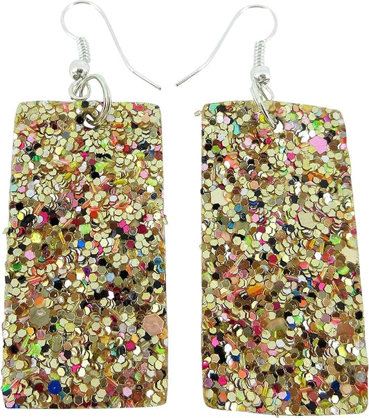 Summerfield Collection Silver-tone Glitter Faux Leather Large Rectangle Dangle Earrings (Gold and Rainbow)