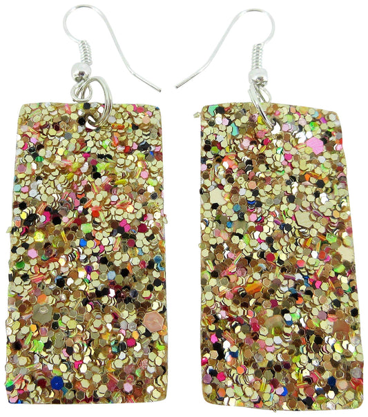 Silver-tone Glitter Faux Leather Large Rectangle Dangle Earrings (Gold and Rainbow)