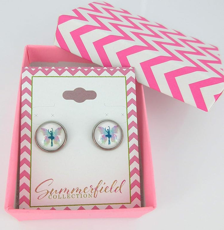 Summerfield Collection Stainless Steel Butterfly Ballet Dancer Printed Glass Stud Earrings 12mm