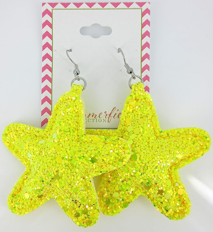 Summerfield Collection Stainless Steel Pastel Glitter Faux Leather Large Puffy Star Dangle Earrings (Bold Yellow)