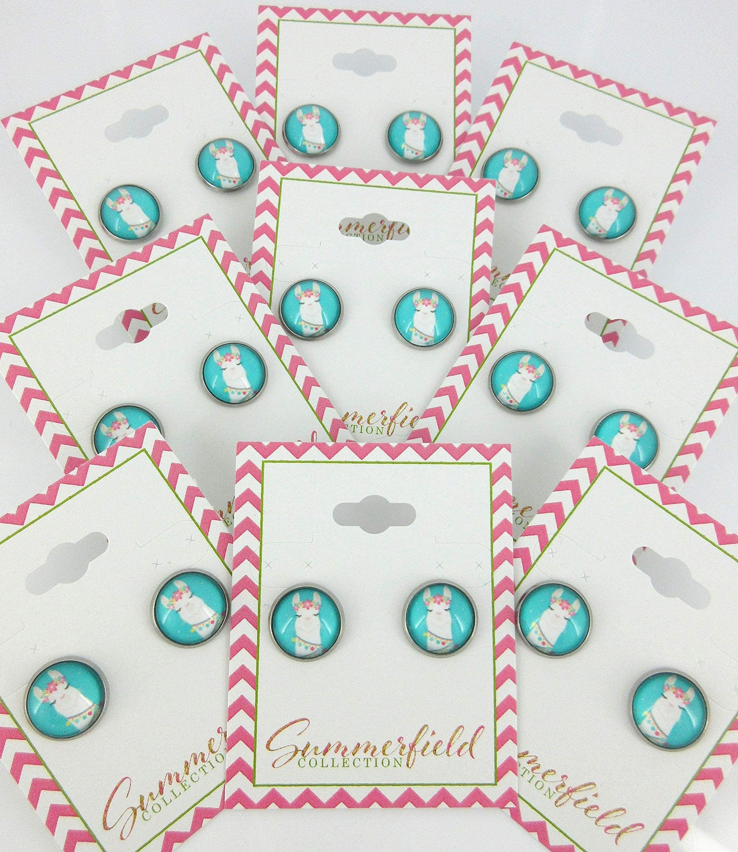 Stainless Steel Teal Llama Head Print Glass Stud Earrings 12mm