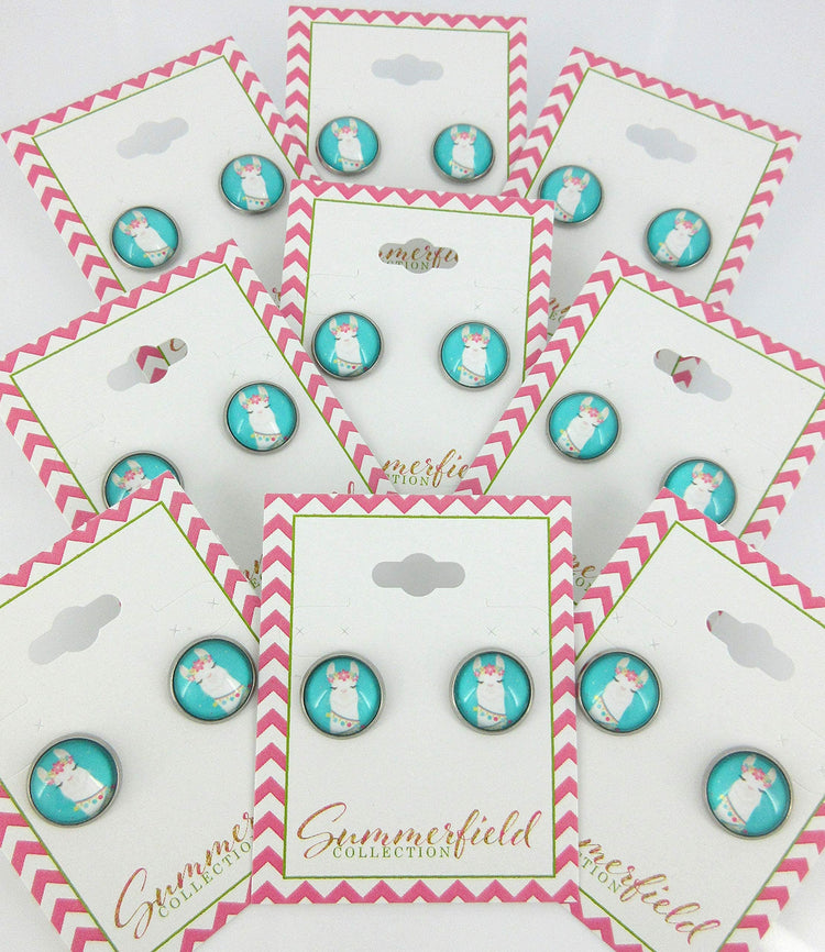 Stainless Steel Teal Llama Head Print Glass Stud Earrings 12mm