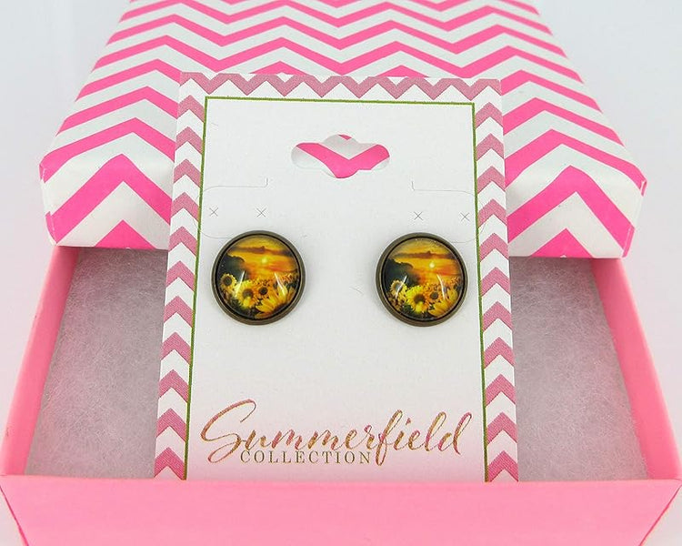 Summerfield Collection Antiqued Gold-tone Sunset Sunflower Print Glass Stud Earrings 12mm