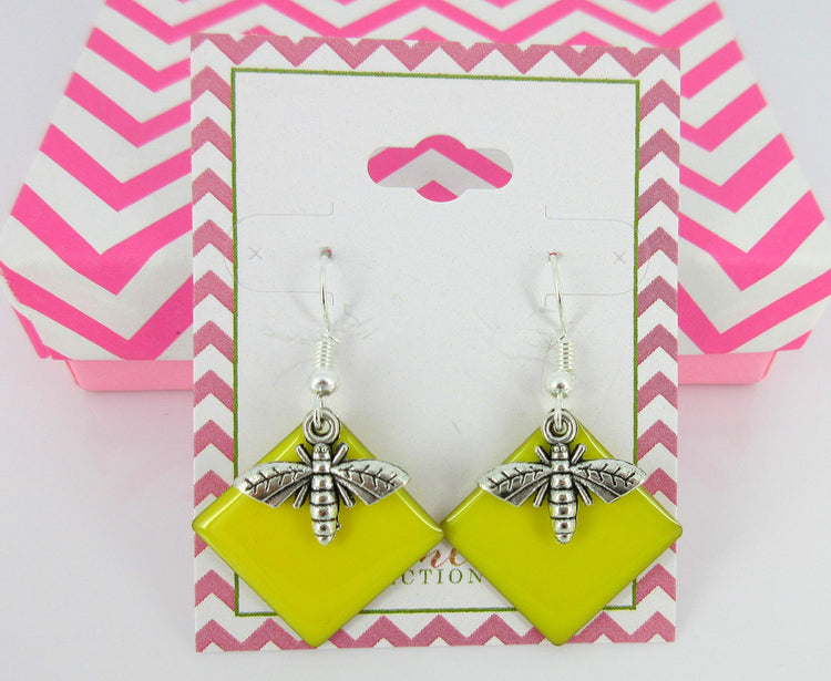 Silver-tone Yellow Enamel Bee Charm Dangle Earrings