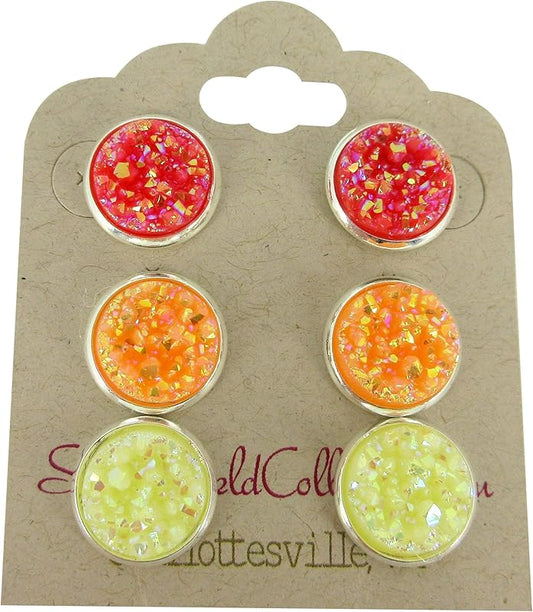 Summerfield Collection Sunset Trio Silver-tone Stud Earrings 12mm Red Orange Yellow AB Faux Druzy Stone Set