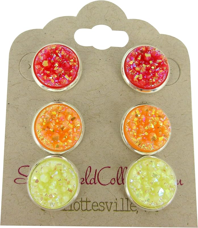 Summerfield Collection Sunset Trio Silver-tone Stud Earrings 12mm Red Orange Yellow AB Faux Druzy Stone Set