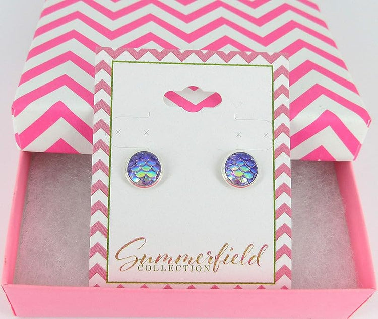Summerfield Collection Silver-tone Metallic Mermaid Scale Stud Earrings 8mm (Light Purple)
