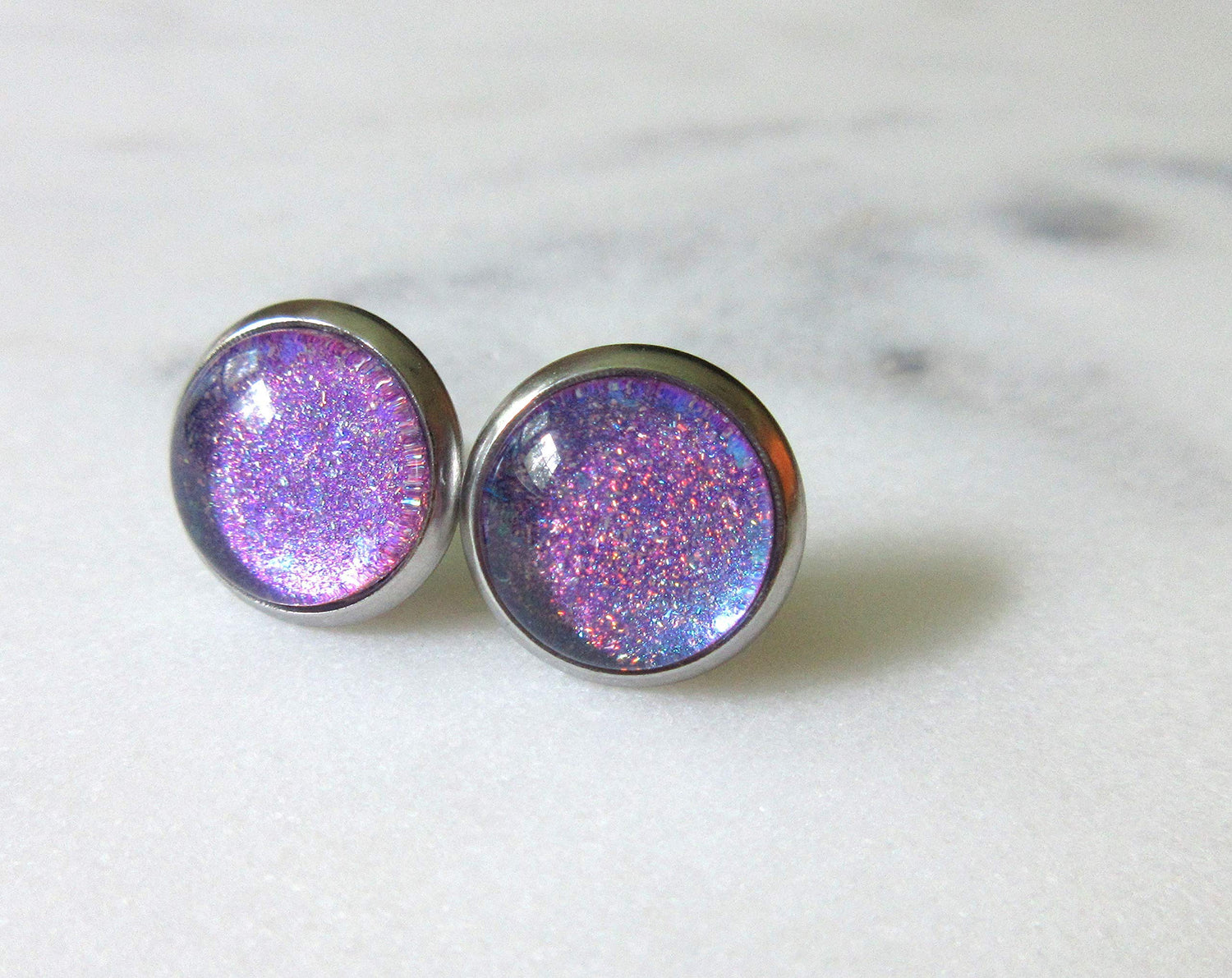 Stainless Steel Blue Purple Glitter Glass Stud Earrings Hand-painted 10mm