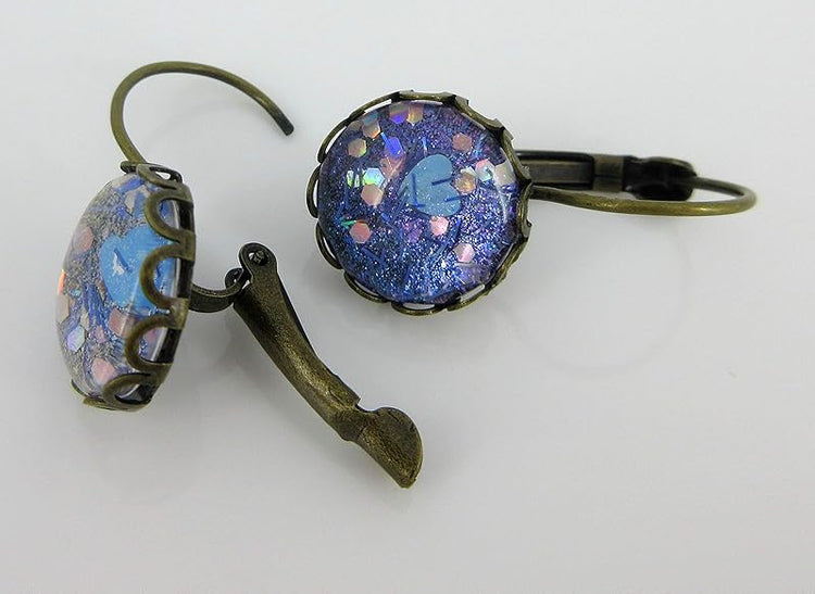 Summerfield Collection Antiqued Gold-tone Blue Purple Heart Bar Glitter Glass Drop Earrings Hand-painted