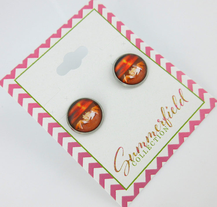 Stainless Steel Sunset Crab on the Beach Print Glass Stud Earrings 12mm