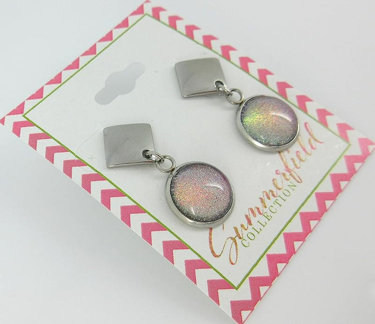 Summerfield Collection Stainless Steel Colorshifting Opalescent Pink Holographic Glitter Glass Post Drop Earrings Handpainted