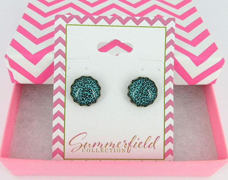 Summerfield Collection Antiqued Gold-tone Animal Print Glass Stud Earrings 12mm (Aqua Blue)