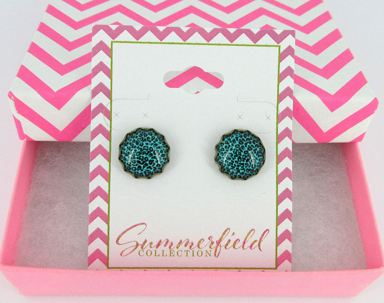 Antiqued Gold-tone Animal Print Glass Stud Earrings 12mm (Aqua Blue)