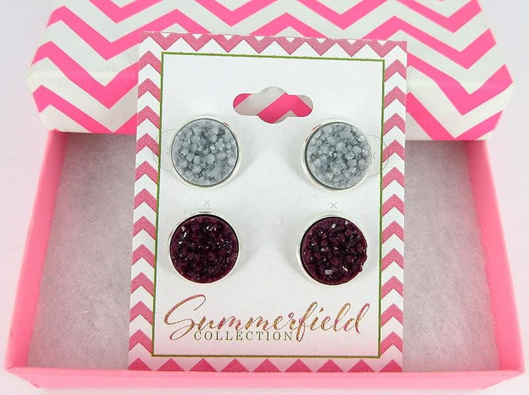 Summerfield Collection Duo Stud Earrings Silver-tone Gray and Eggplant Faux Druzy Stone 12mm Set