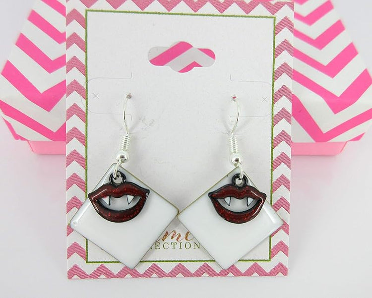 Summerfield Collection Silver-tone White Enamel Vampire Lip Charm Dangle Earrings