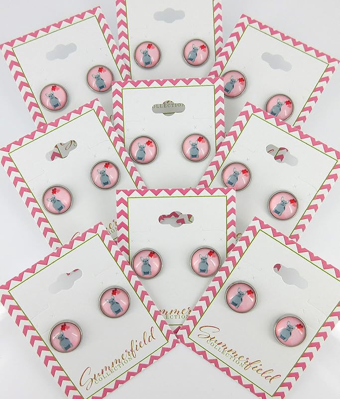 Summerfield Collection Stainless Steel Pink Gray French Bulldog Hearts Print Glass Stud Earrings 12mm