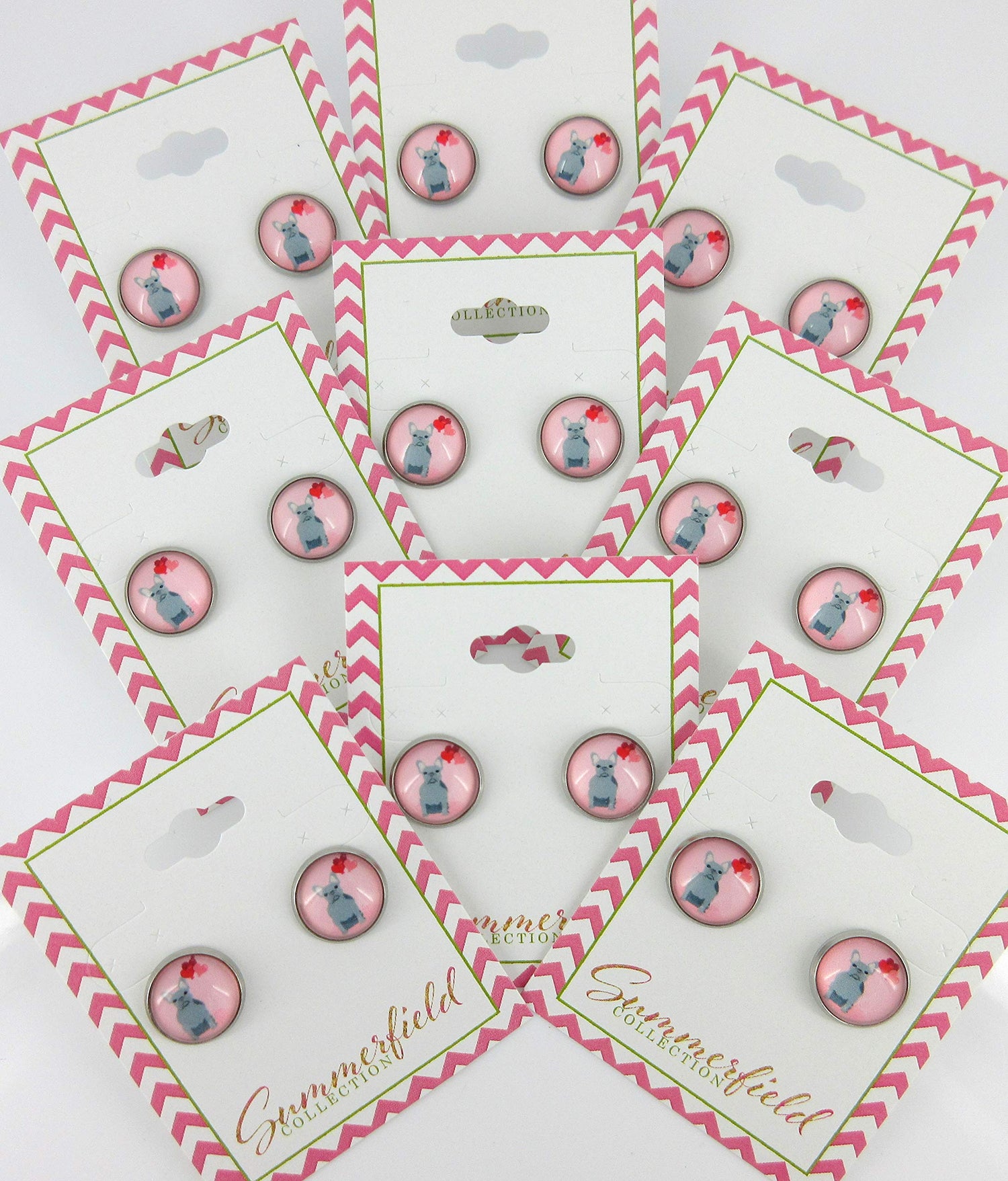 Stainless Steel Pink Gray French Bulldog Hearts Print Glass Stud Earrings 12mm