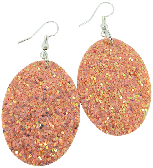Silver-tone Glitter Faux Leather Oval Dangle Earrings (Peachy Pink)
