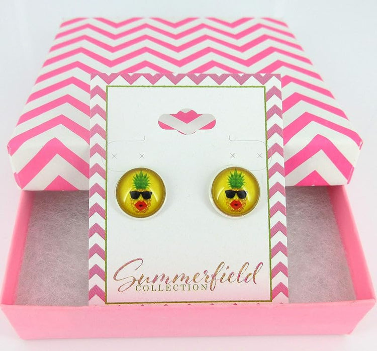 Summerfield Collection Silver-tone Pineapple Print Glass Stud Earrings 12mm