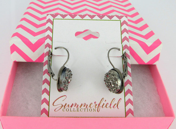 Hematite-tone Gunmetal Gray Faux Druzy Stone Lever-back Drop Earrings 12mm