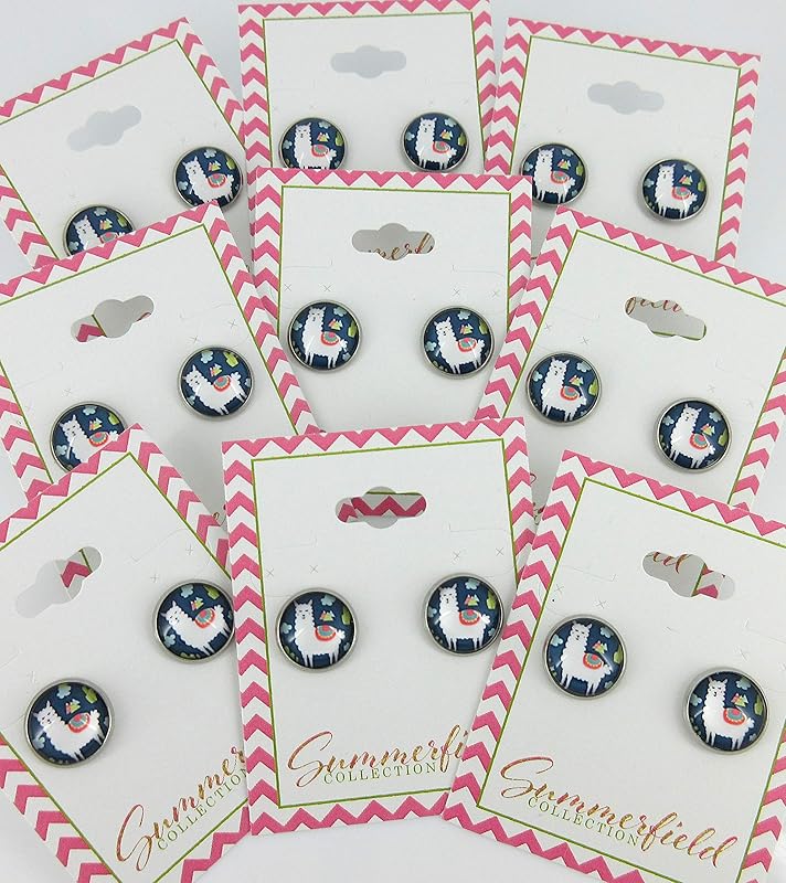 Summerfield Collection Stainless Steel Llama Print Glass Stud Earrings 12mm (Navy Blue)