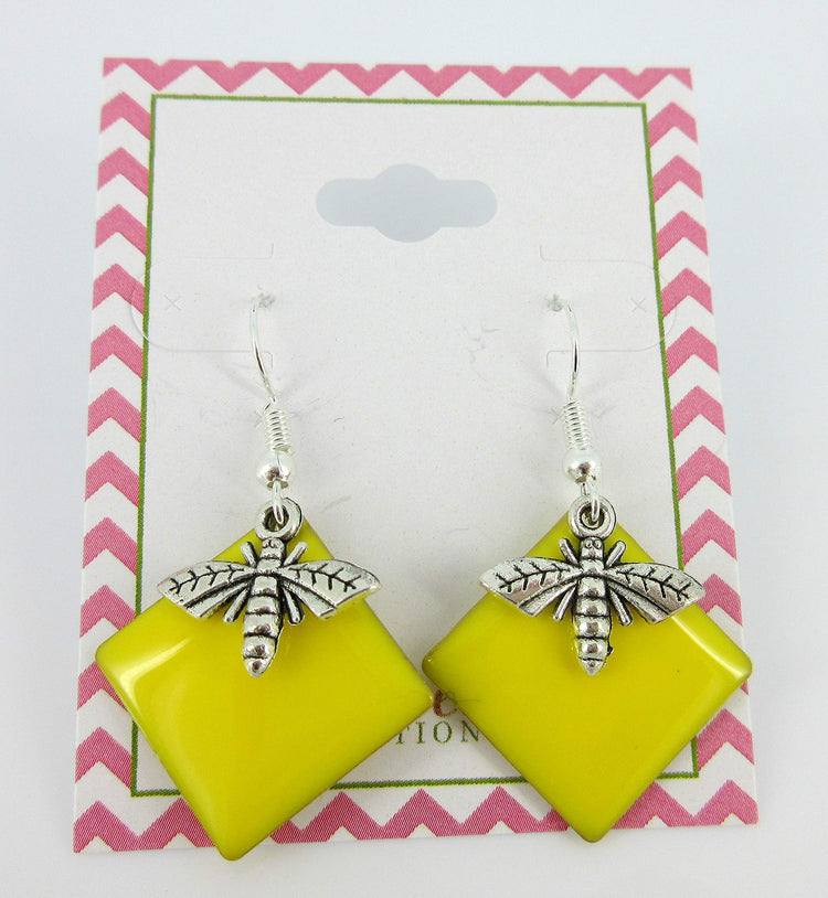 Silver-tone Yellow Enamel Bee Charm Dangle Earrings