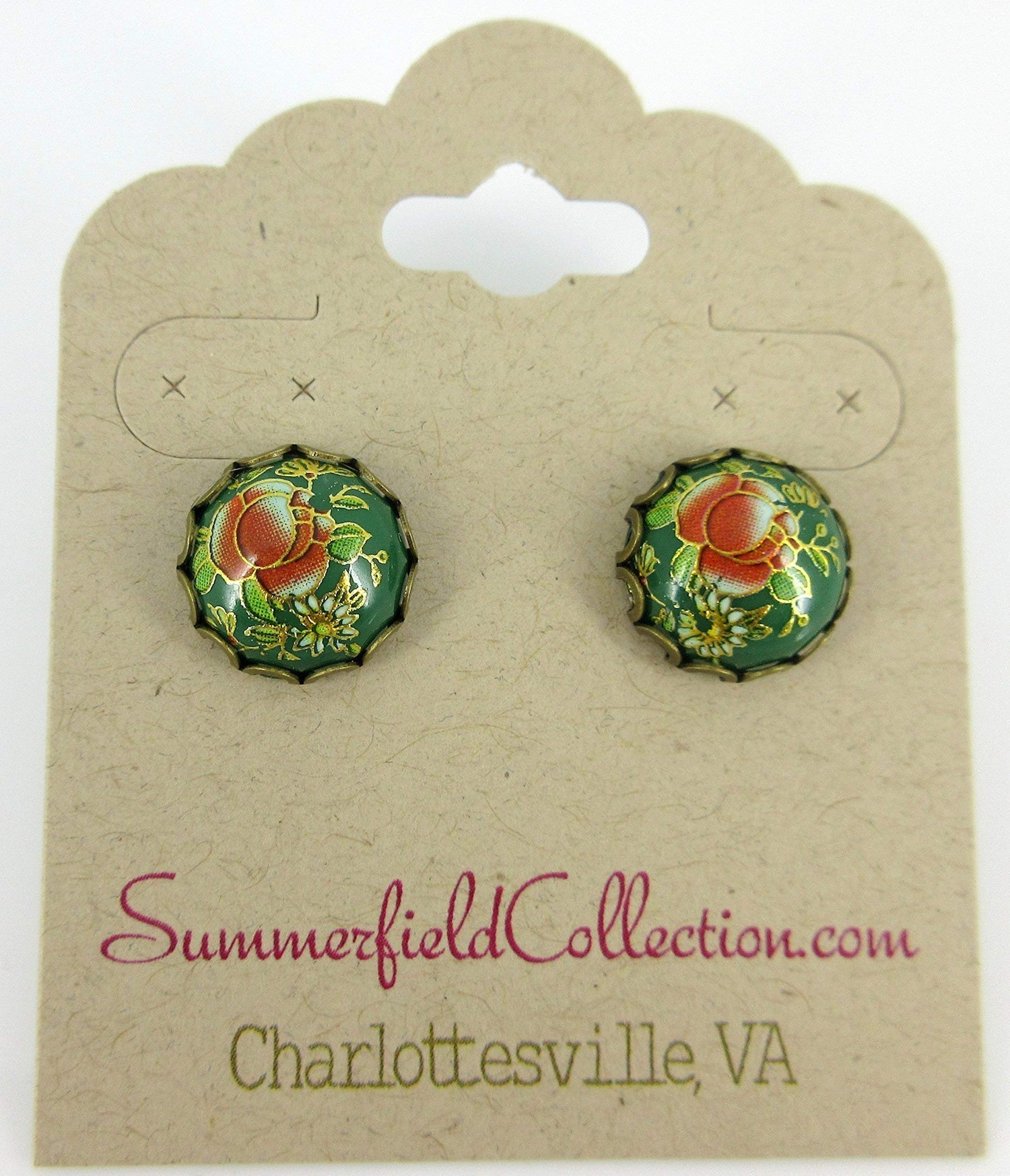 Antiqued Gold-tone Floral Print Stud Earrings 12mm