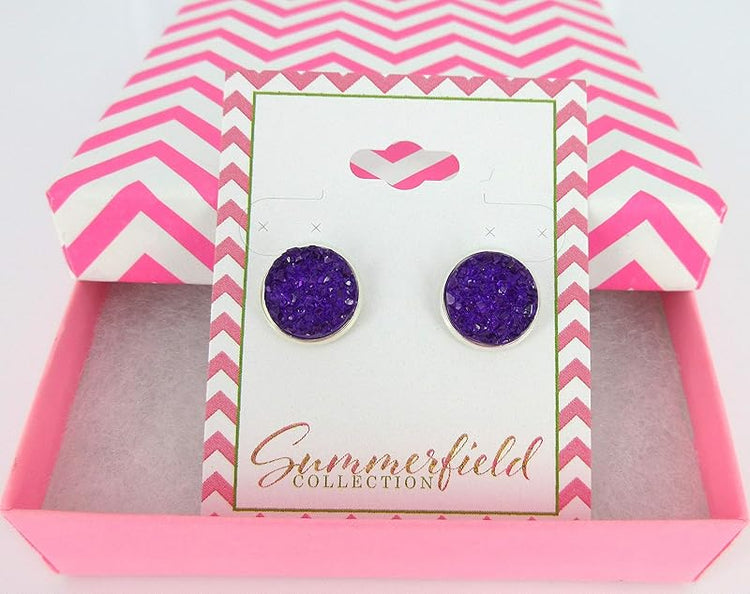 Summerfield Collection Silver-tone Faux Druzy Stone Stud Earrings 12mm (Deep Purple)