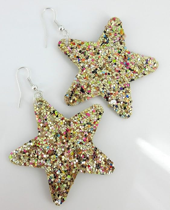 Glitter Faux Leather Large Star Dangle Earrings (Gold and Rainbow)