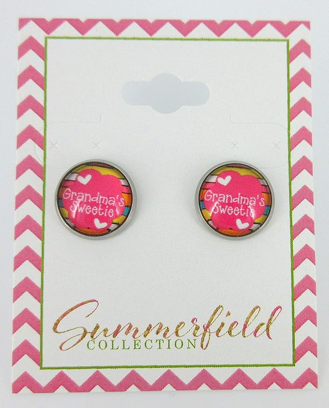 Summerfield Collection Stainless Steel Grandma's Sweetie Print Glass Stud Earrings 12mm Pink