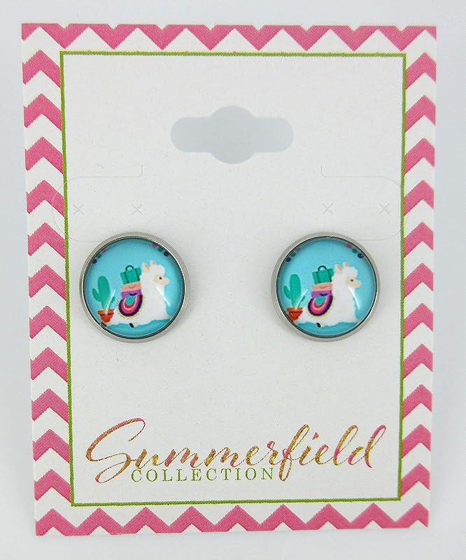 Summerfield Collection Stainless Steel Llama Print Glass Stud Earrings 12mm (Aqua)