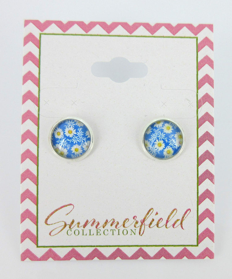 Silver-tone Daisy Flower Print Glass Stud Earrings 10mm