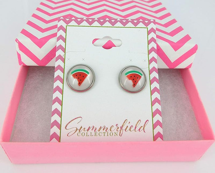 Summerfield Collection Stainless Steel Fruit Print Frosted Resin Stud Earrings 12mm (Watermelon)