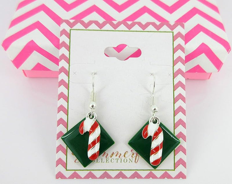 Summerfield Collection Silver-tone Green Enamel Candy Cane Charm Dangle Earrings