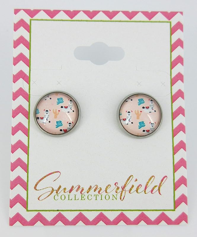 Summerfield Collection Stainless Steel Llama Print Glass Stud Earrings 12mm (Pink Pattern)