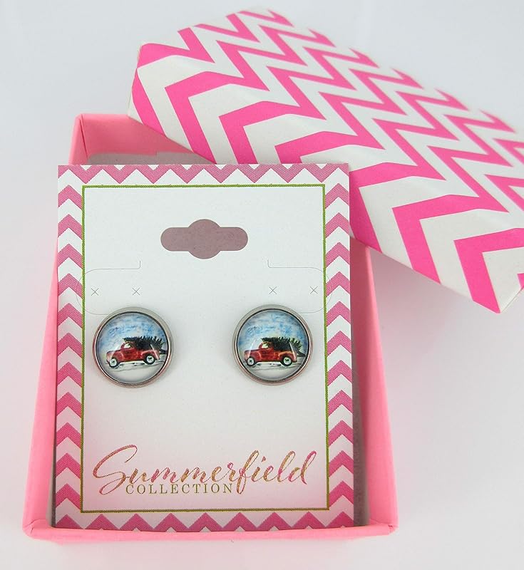Summerfield Collection Stainless Steel Red Truck Christmas Tree Print Glass Stud Earrings 12mm