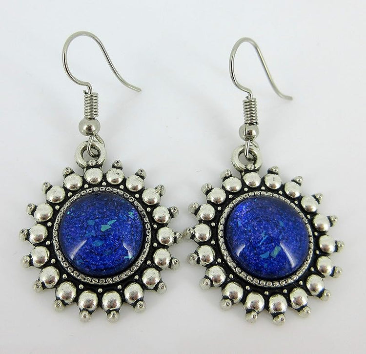 Summerfield Collection Antiqued Silver-tone Purple and Blue Glitter Glass Dangle Earrings Hand-painted