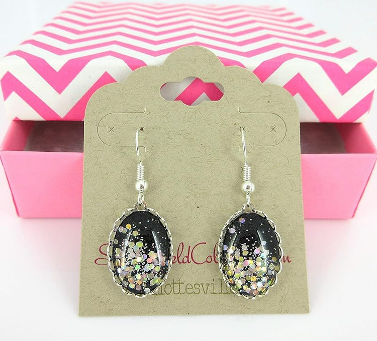 Summerfield Collection Silver-tone Black and Glitter Glass Oval Dangle Earrings
