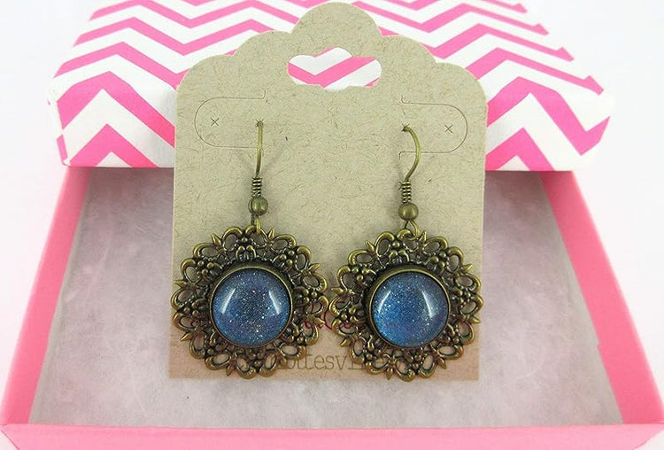 Summerfield Collection Antiqued Gold-tone Blue Glitter Glass Medallion Dangle Earrings Hand-painted