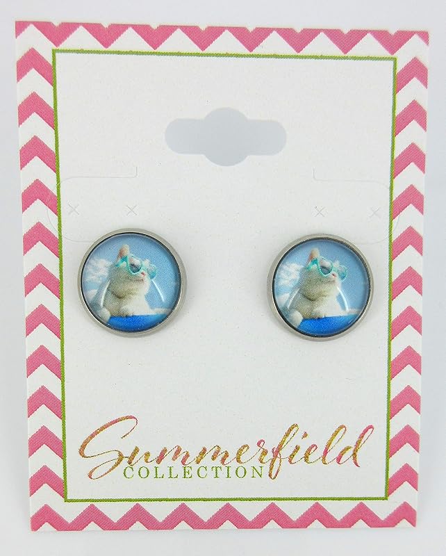 Summerfield Collection Stainless Steel Cat Lover Printed Glass Stud Earrings 12mm (Cruising Cool Cat)