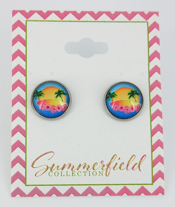 Summerfield Collection Stainless Steel Retro Tropical Sunset Palm Tree Print Glass Stud Earrings 12mm Hibiscus Flower