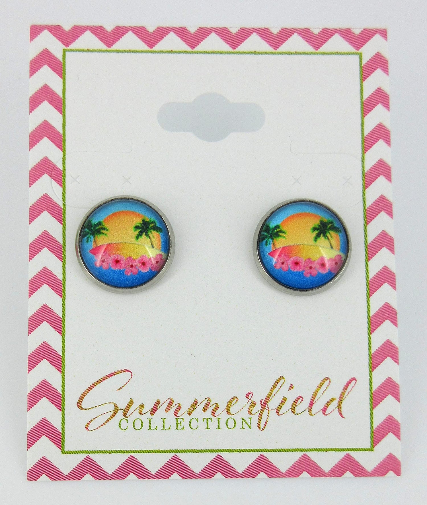 Stainless Steel Retro Tropical Sunset Palm Tree Print Glass Stud Earrings 12mm Hibiscus Flower
