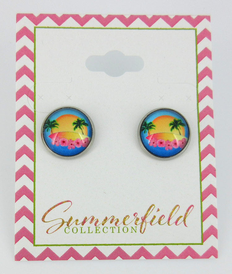 Stainless Steel Retro Tropical Sunset Palm Tree Print Glass Stud Earrings 12mm Hibiscus Flower