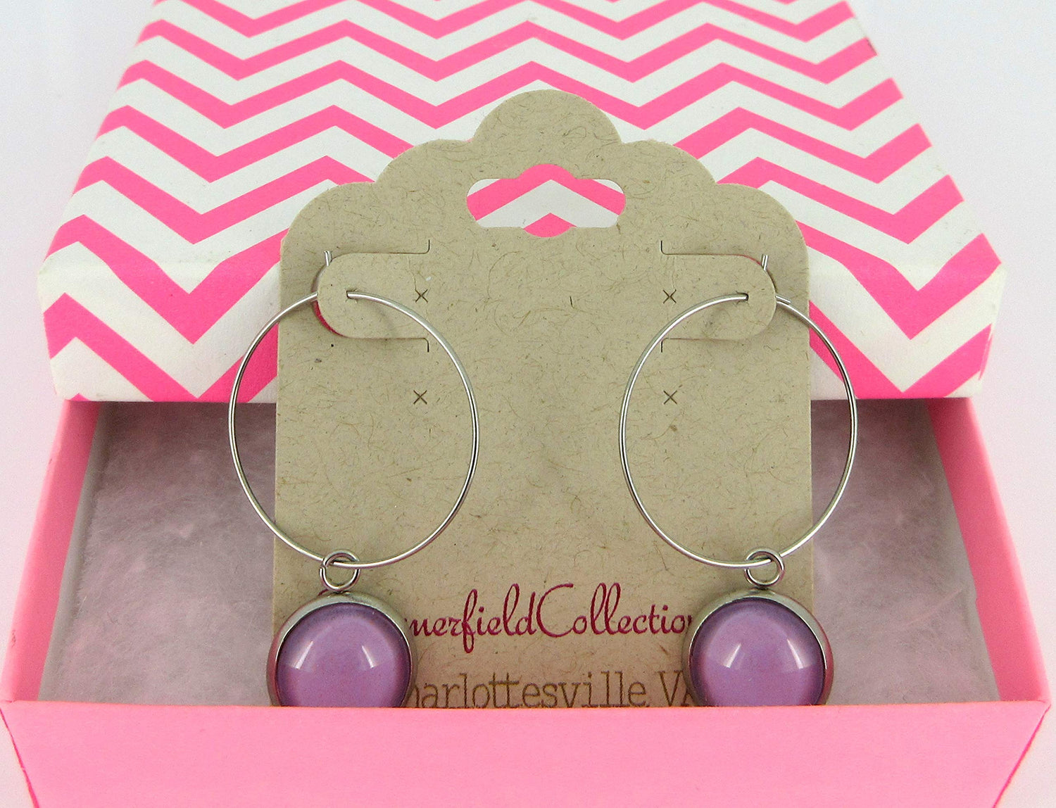 Stainless Steel Lavender Purple Glass Charm Hoop Earrings Hand-painted 1"