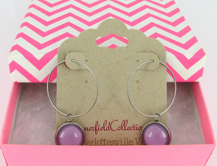 Stainless Steel Lavender Purple Glass Charm Hoop Earrings Hand-painted 1"