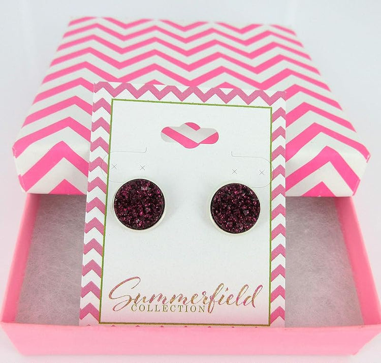 Summerfield Collection Silver-tone Maroon with Pink Glitter Faux Druzy Stone Stud Earrings (12mm)