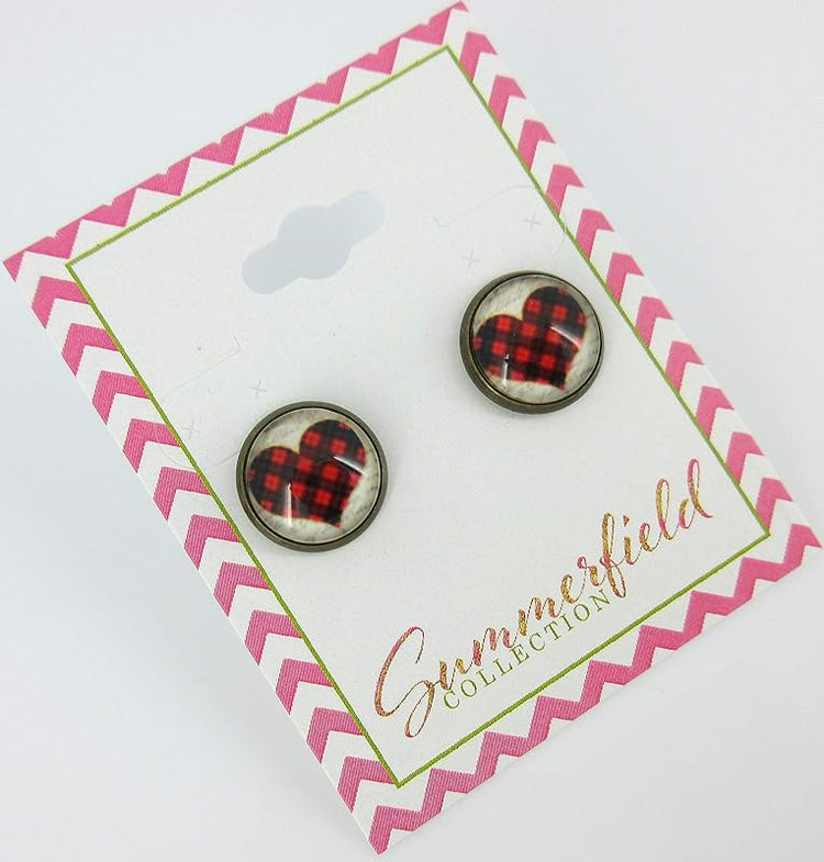 Summerfield Collection Antiqued Gold-tone Buffalo Plaid Heart Print Glass Stud Earrings 12mm