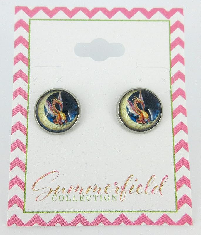 Summerfield Collection Stainless Steel Orange Dragon on Moon Print Glass Stud Earrings 12mm