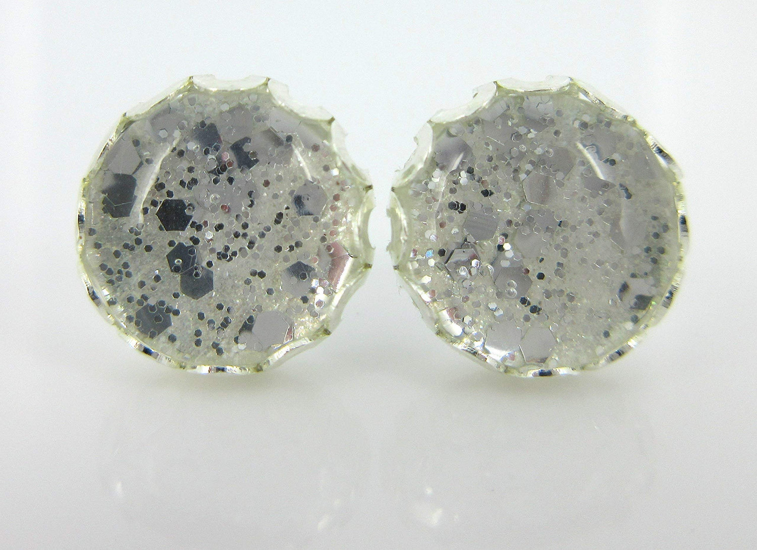Silver-tone Glitter Glass Stud Earrings Hand-painted 10mm